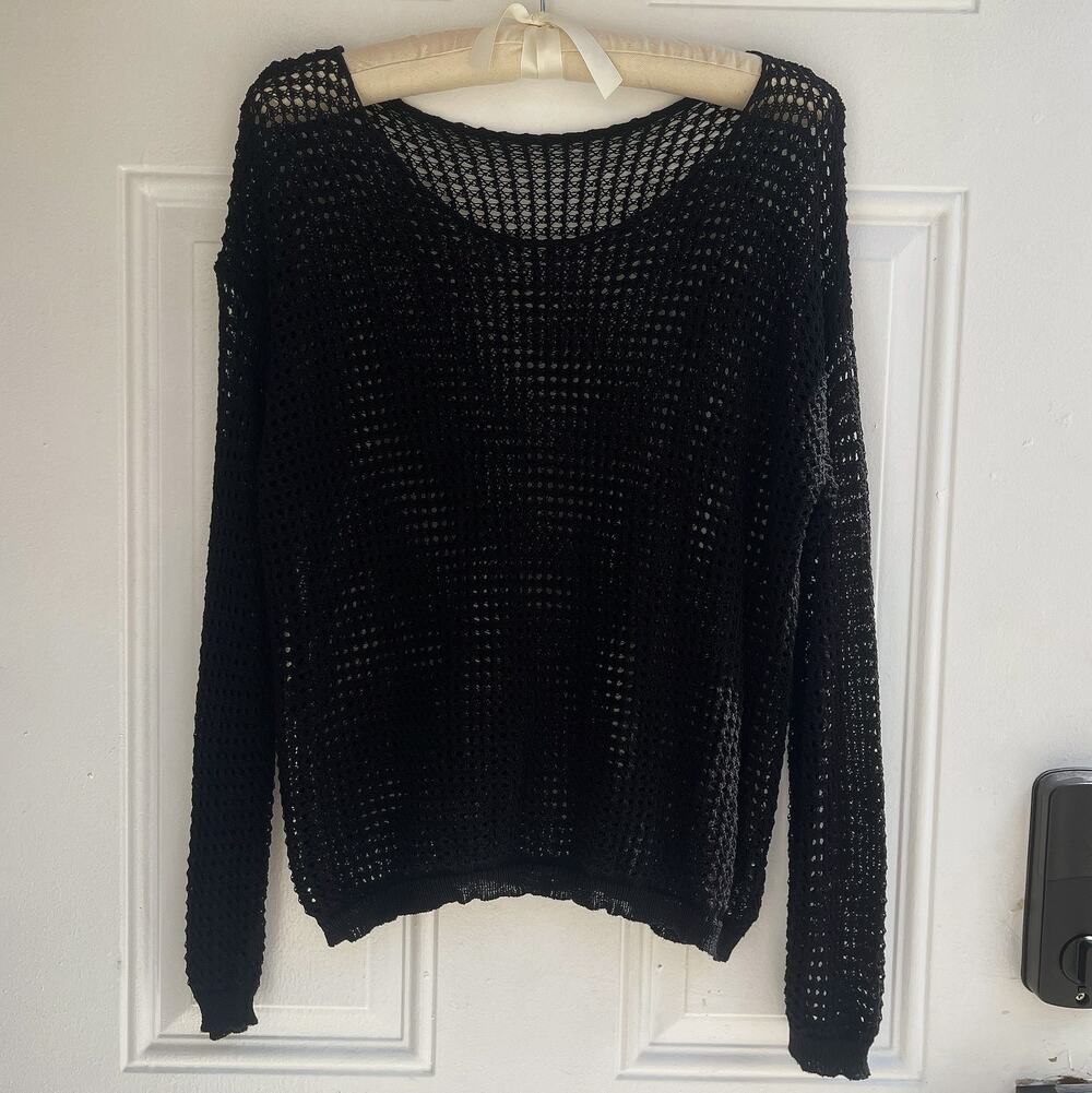 Dazy Black Open Knit Mesh Sweater XL Grunge Boho Beach Cover Up Lightweight